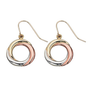 Tri-Metal Open Circle Drop Earrings in 9ct Gold