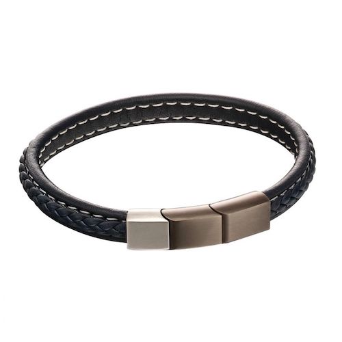 Plait Detail Navy Leather Bracelet with Mixed Brushed Finish - Fred Bennett