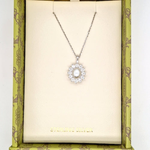 Oval Pearl & CZ cluster necklace