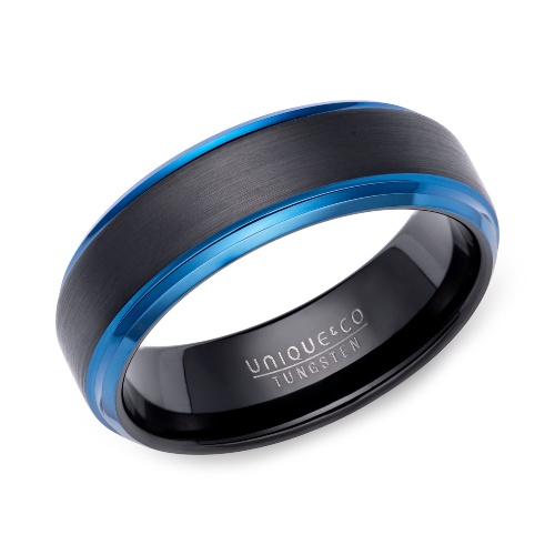 7mm Tungsten Ring Black & Blue IP
