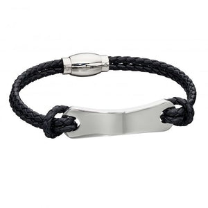Woven Black Leather & Stainless Steel ID Bar Bracelet - Fred Bennett