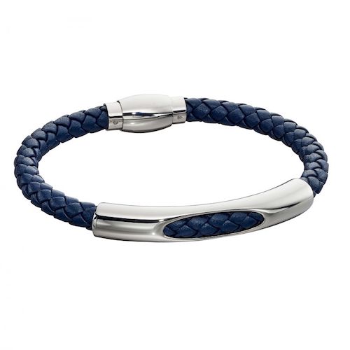 Woven Navy Blue Leather & Stainless Steel Magnetic Clasp Bracelet