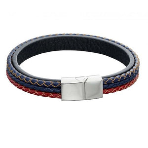 Woven Blue, Red & Grey Leather & Stainless Steel Magnetic Clasp - Bracelet Fred Bennett