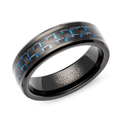 7mm Black & Blue Carbon Fibre Tungsten Carbide Ring