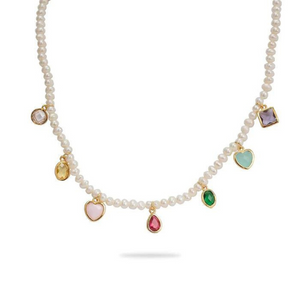 Luxenter Pearl Necklace with Multi-coloured stones