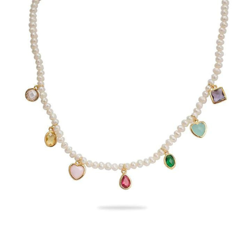 Luxenter Pearl Necklace with Multi-coloured stones