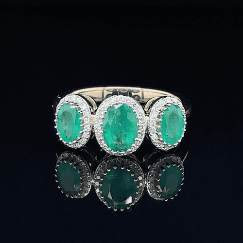 Three Stone Halo Style Emerald & Diamond ring