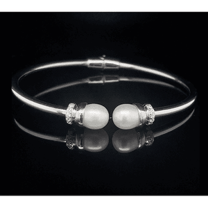 Torque Style Silver Bangle with Pearls on the End and CZ