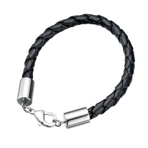 Black Plaited Leather Bracelet with Stainless Steel Clasp