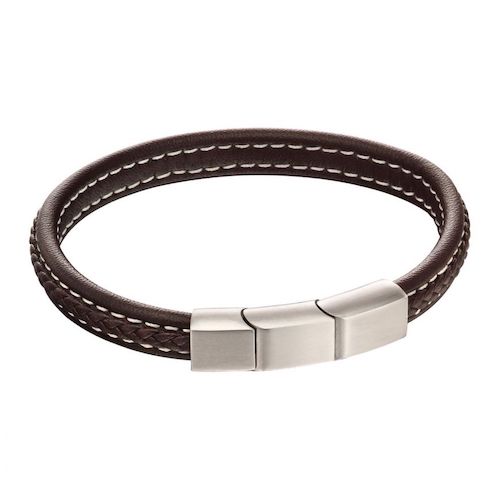 Plait Detail Brown Leather Bracelet With Brushed Finish - Fred Bennett