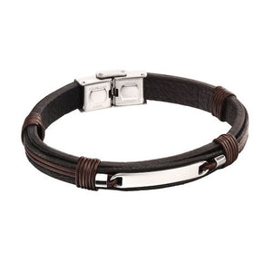 ID Bar Black Leather Bracelet with Brown Cord Detail