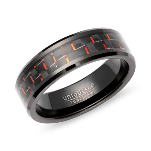 7mm Tungsten Carbide with Black & Red Carbon Fibre