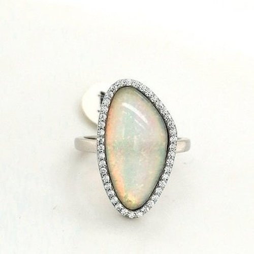 Silver Oblong white Opal and CZ Ring