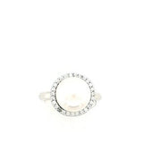 Ladies Sterling silver White Pearl Ring With CZ Halo