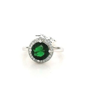 Silver Round Green CZ Halo Style Ring - Size L