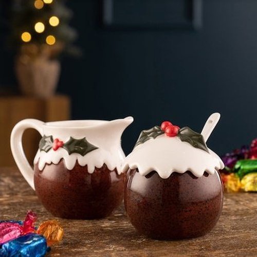 Belleek Living Christmas Pudding sugar & cream set