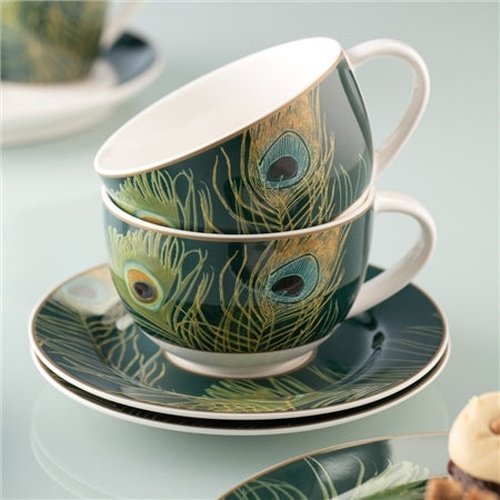 AYNSLEY PEACOCK FEATHER CAPPUCCINO CUP & SAUCER pair