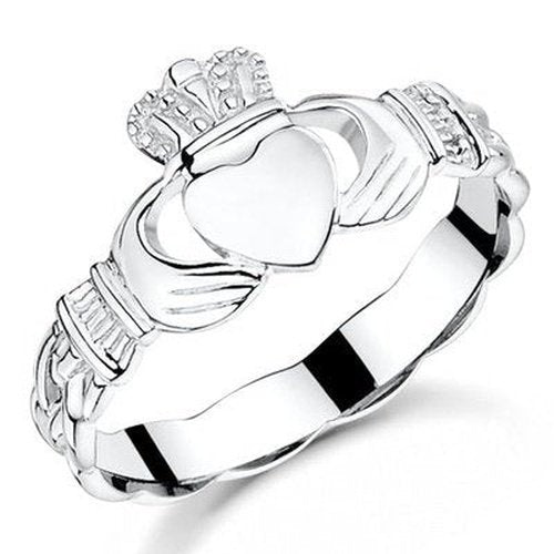White Gold Claddagh With Celtic Weave Band