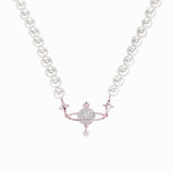 Silver or gold plated Freshwater Pearl Saturn CZ Necklace