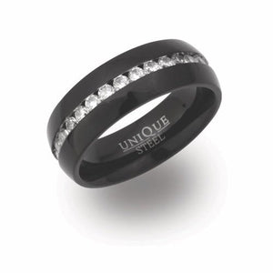 7mm Cubic Zirconia, Channel set Black IP Steel Ring