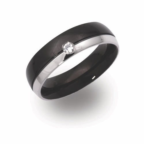 6mm wide Black & Steel Gents Ring with CZ stone